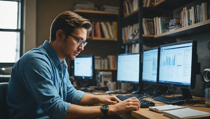 A technician performing website maintenance on a computer in a bright workspace.