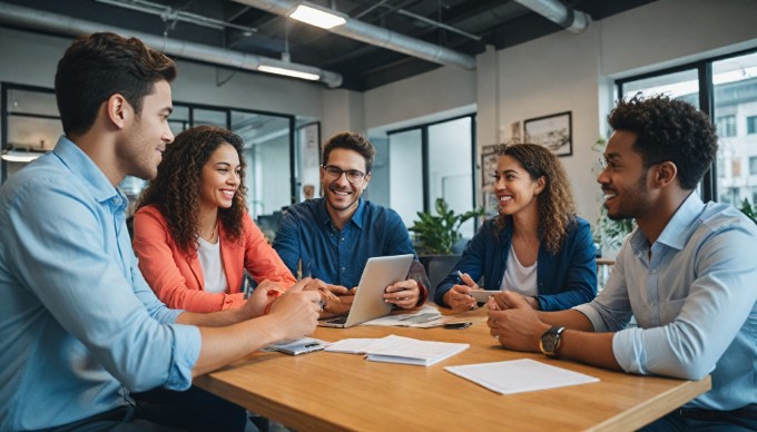 Young diverse business team discussing strategies at a bright, modern workspace.