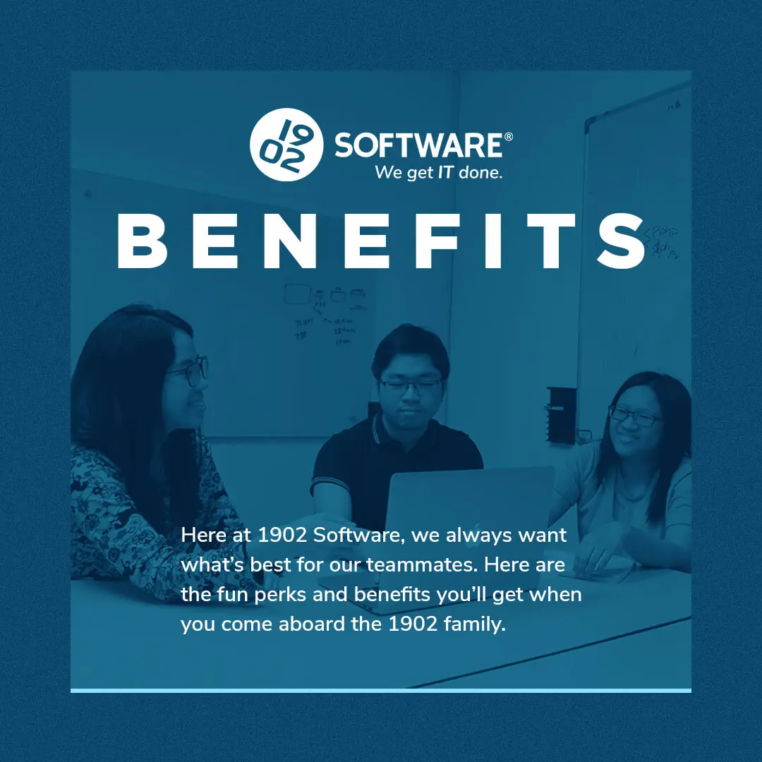 1902 Software logo and headline "BENEFITS" with text about perks and benefits for teammates, background shows three people at a meeting table