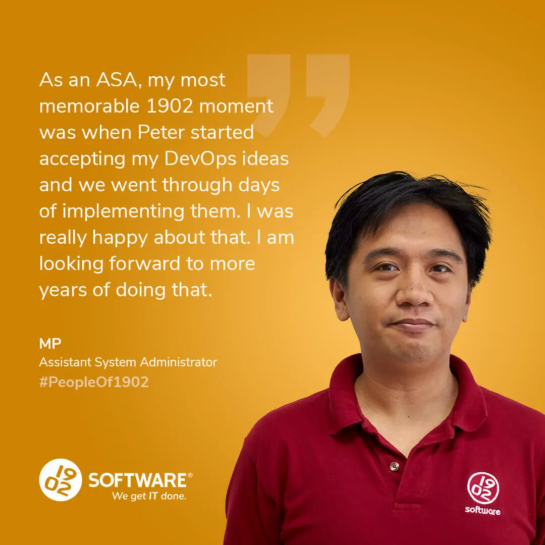 MP, Assistant System Administrator, shares a 1902 moment about Peter accepting DevOps ideas, on an orange background with 1902 Software logo.