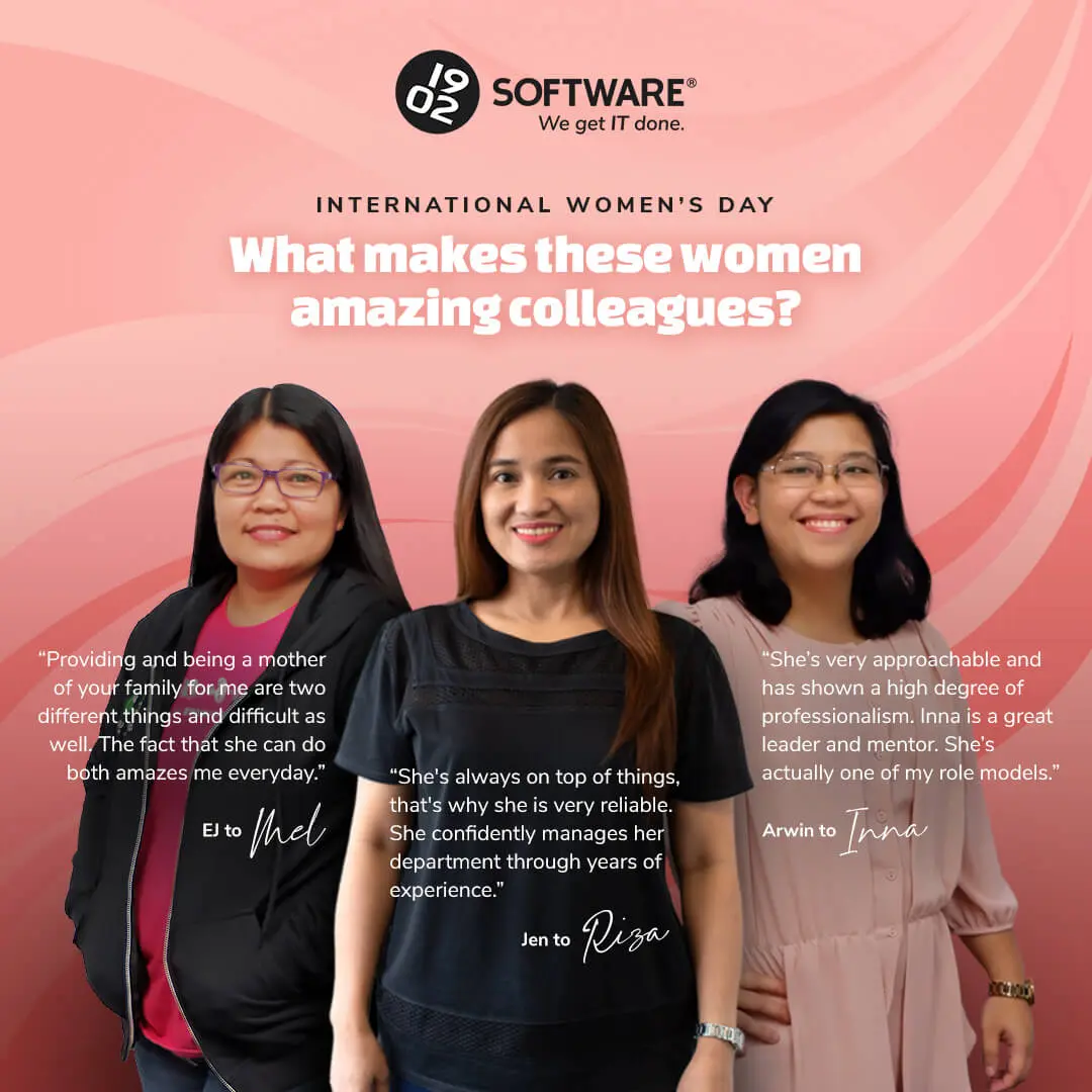 International Women's Day graphic with three women and quotes praising their qualities as amazing colleagues.