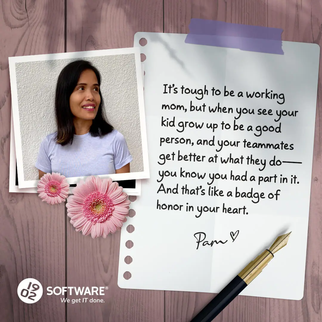 Mother's Day message from Pam with her photo, pink flowers, and text about the honor of being a working mom.