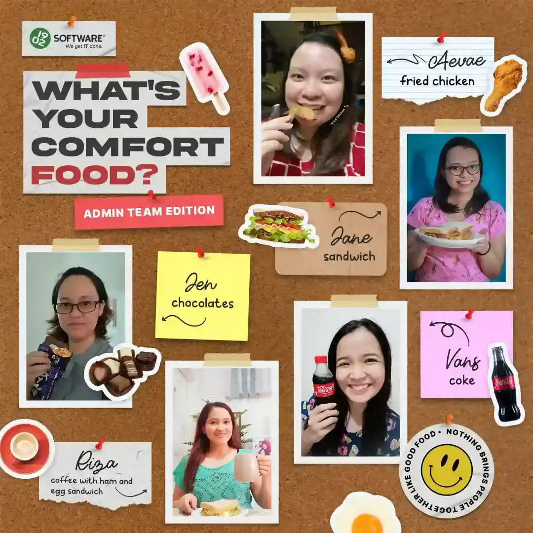 Corkboard collage titled "What's Your Comfort Food? Admin Team Edition" showing six team members with their favorite comfort foods: Aeva with fried chicken, Jane with sandwich, Jen with chocolates, Vans with coke, Riza with coffee and ham and egg sandwich, and one with popsicle.