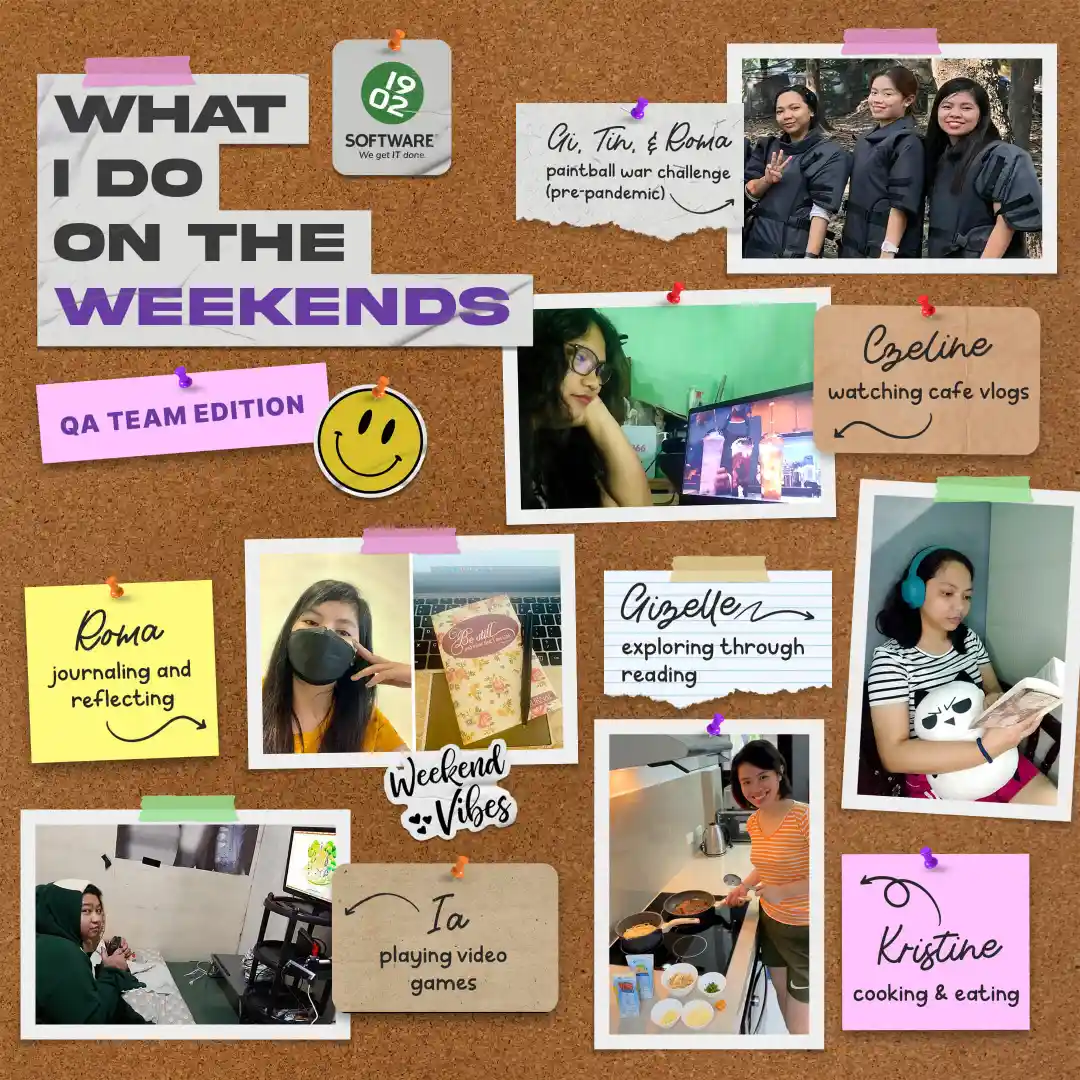 Corkboard titled "What I Do on the Weekends - QA Team Edition" with photos and notes showing team members' weekend activities: paintball war challenge, watching cafe vlogs, journaling, reading, playing video games, and cooking.