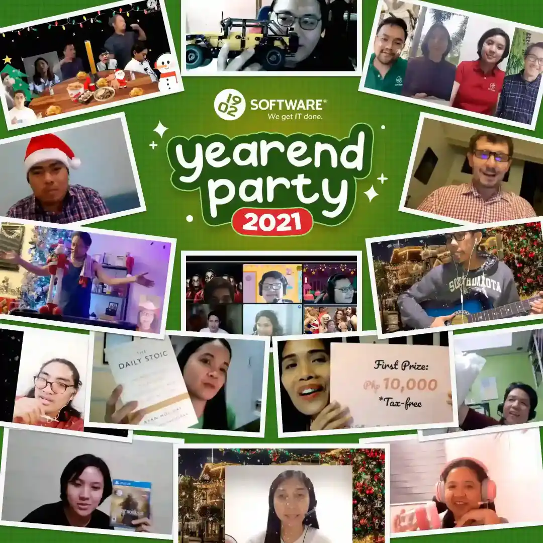 2021 yearend party collage with virtual team members celebrating, holding prizes, playing guitar, and festive decorations