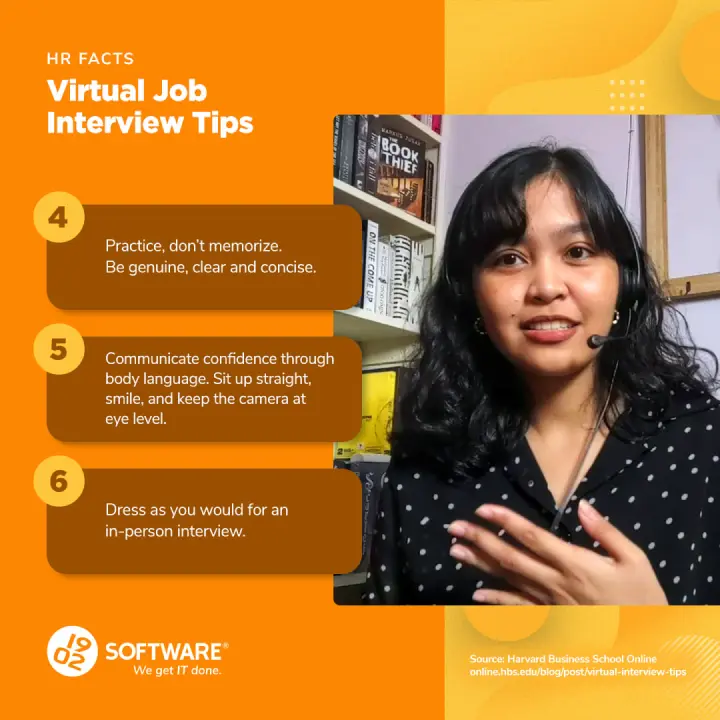 Virtual Job Interview Tips with a woman in a headset gesturing, tips include practice, confidence in body language, and dressing for an in-person interview.