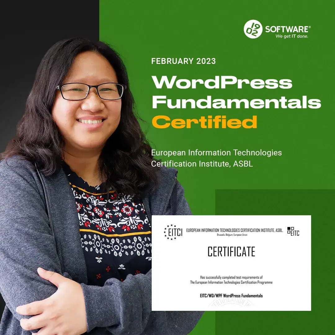 Person holding a WordPress Fundamentals certification from European Information Technologies Certification Institute, with text "February 2023 WordPress Fundamentals Certified" on a green background.