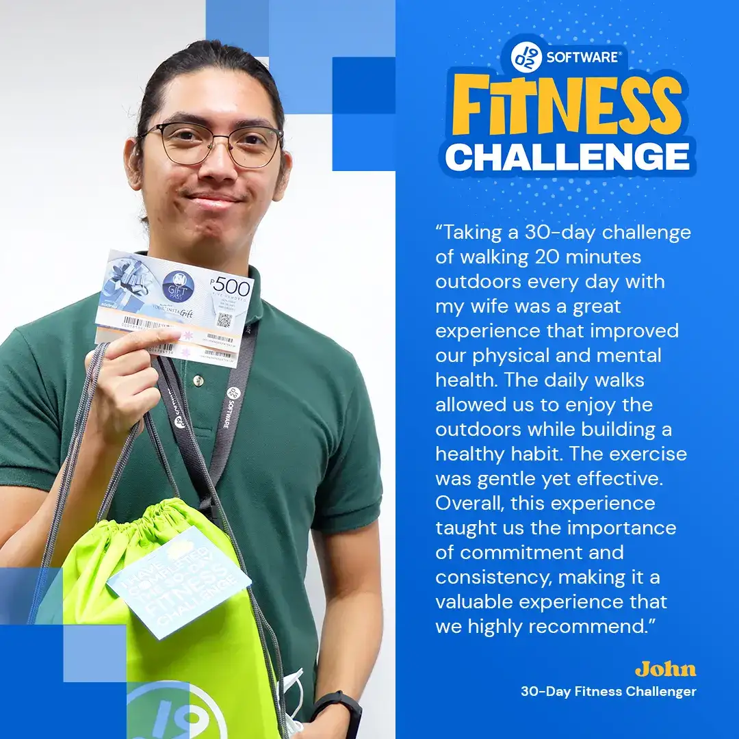 John holding a gift card and green bag with a tag reading "I have completed the 30-day fitness challenge" alongside his testimonial text.