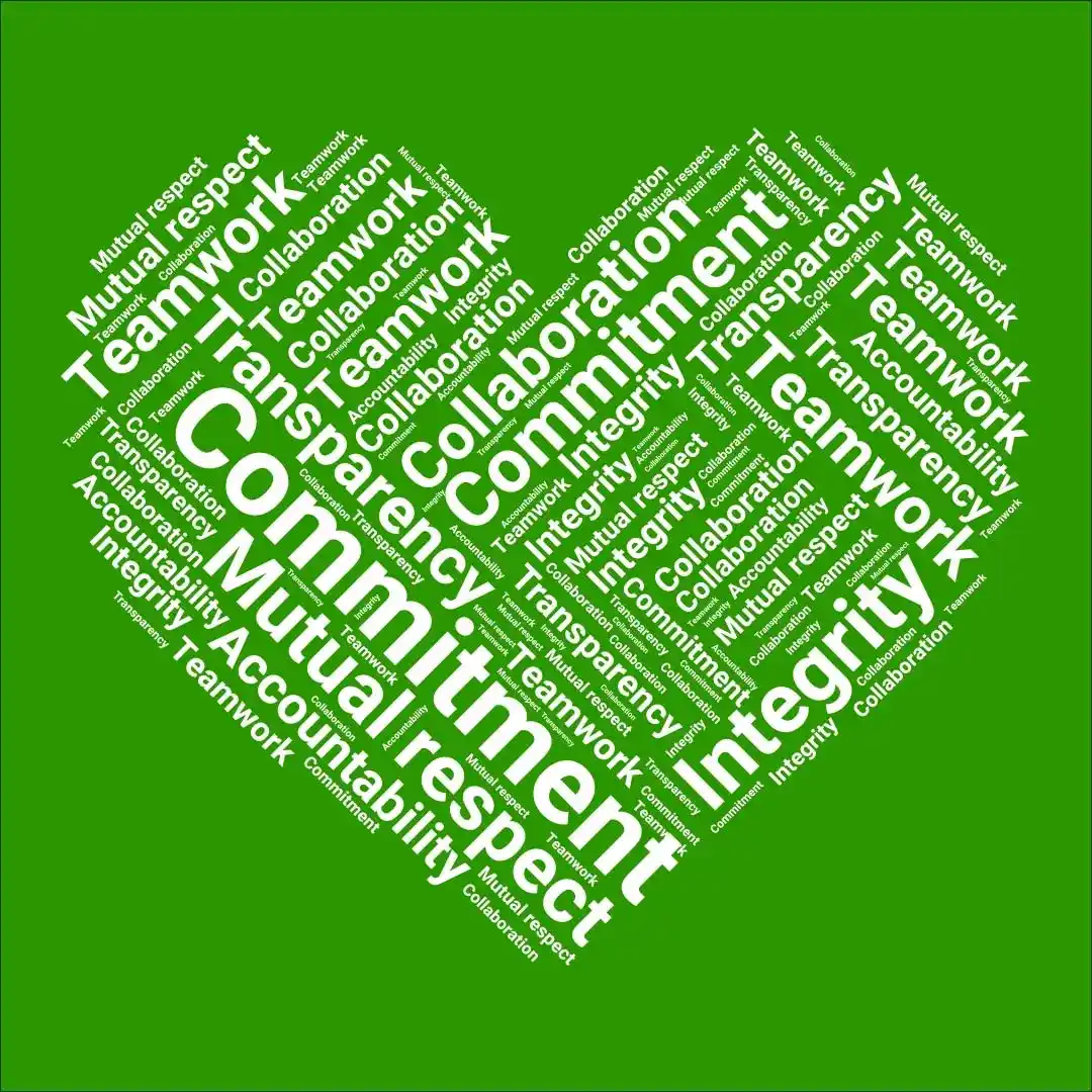 Heart shape made of words representing company values like Commitment, Integrity, Teamwork, Mutual respect, Collaboration, Transparency, and Accountability on green background