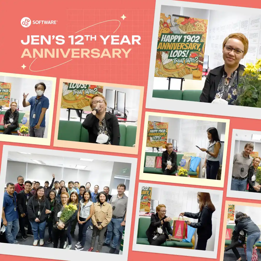 Jen's 12th year anniversary celebration at 1902 Software with group photos, gifts, flowers, and a "Happy 1902 Anniversary, Lods!" sign.