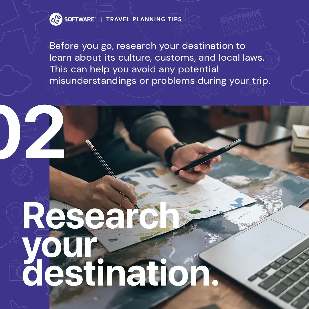 1902 Software travel planning tip 02: Research your destination to learn about its culture, customs, and laws to avoid problems.
