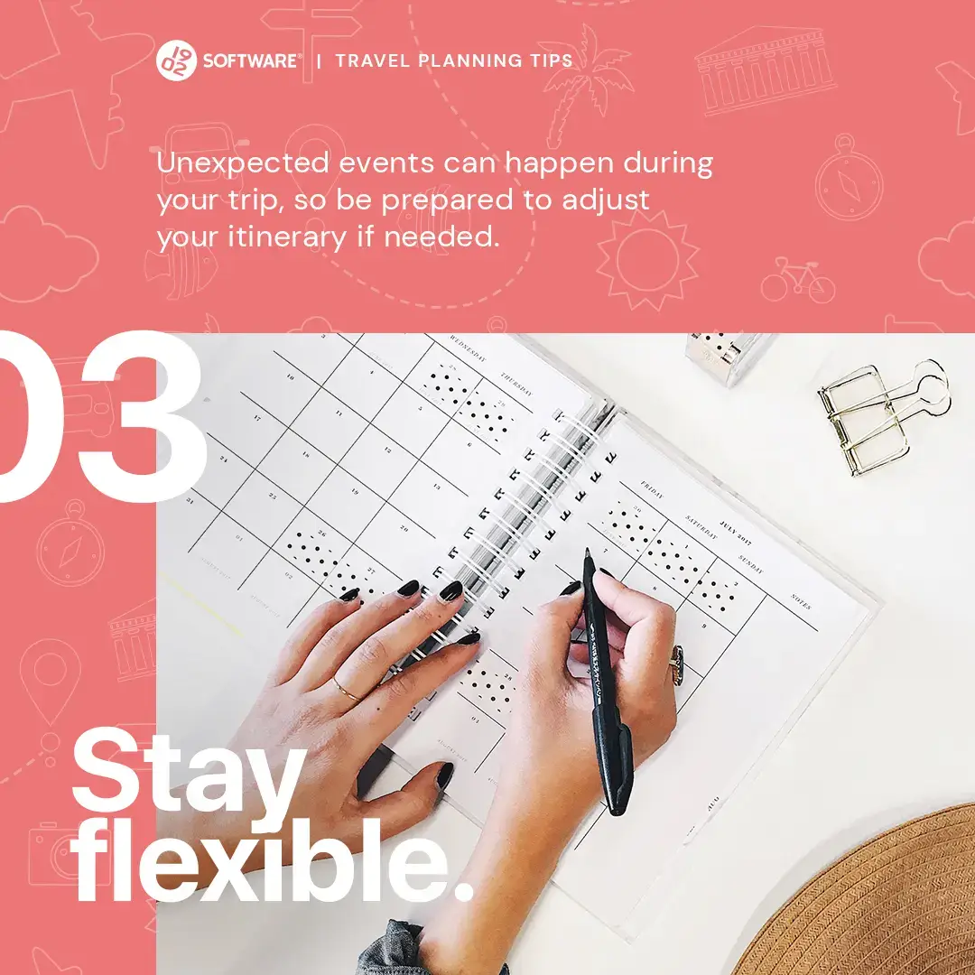 1902 Software travel planning tip 03: Stay flexible with itinerary; hands writing in a planner calendar with black pen on white desk.