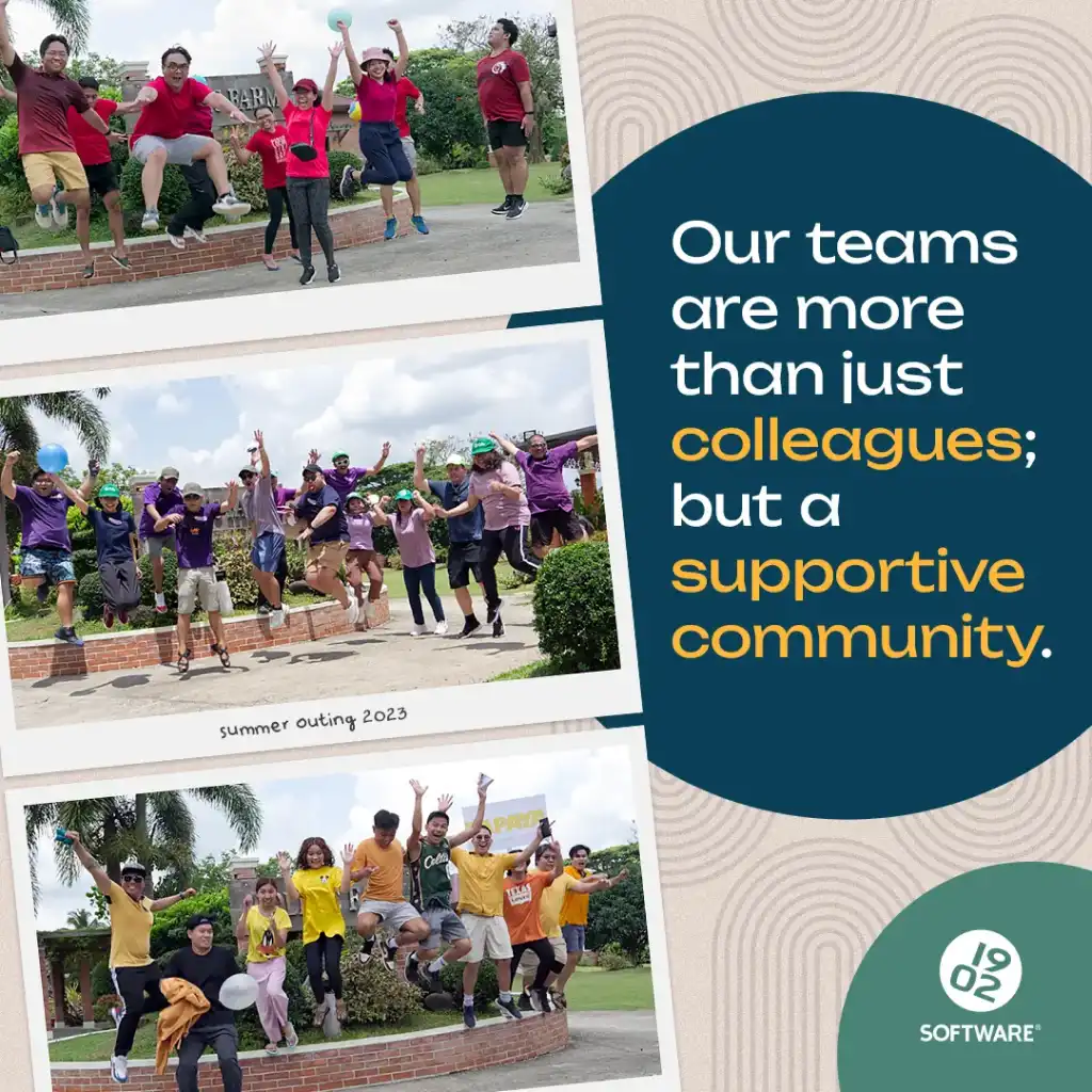 Three photos of groups of colleagues in colorful shirts jumping outdoors, with text: Our teams are more than just colleagues; but a supportive community. Summer outing 2023.