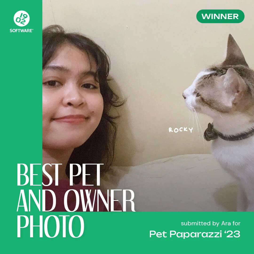 Cat named Rocky facing owner in Best Pet and Owner Photo winner graphic for Pet Paparazzi '23