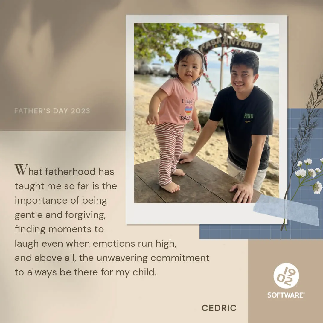 Father and child at the beach with text about fatherhood's lessons by Cedric for Father's Day 2023.
