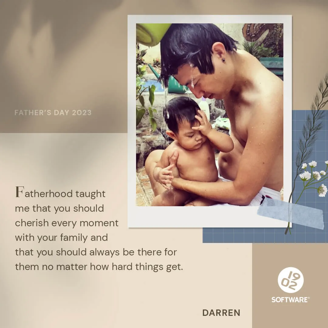 Father and child bathing together outdoors, with text about cherishing family moments for Father's Day 2023 from Darren.
