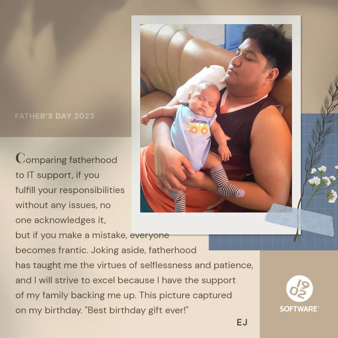 Father holding a baby on a couch with text about fatherhood and IT support, signed EJ, for Father's Day 2023.