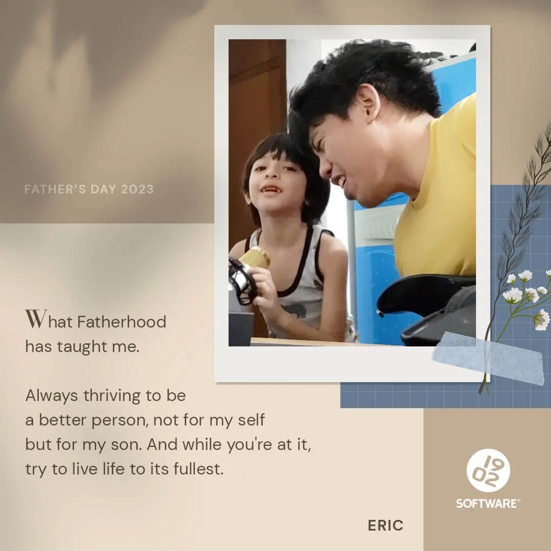 Father's Day 2023 message from Eric about fatherhood with photo of man and child, and floral decoration on beige background.