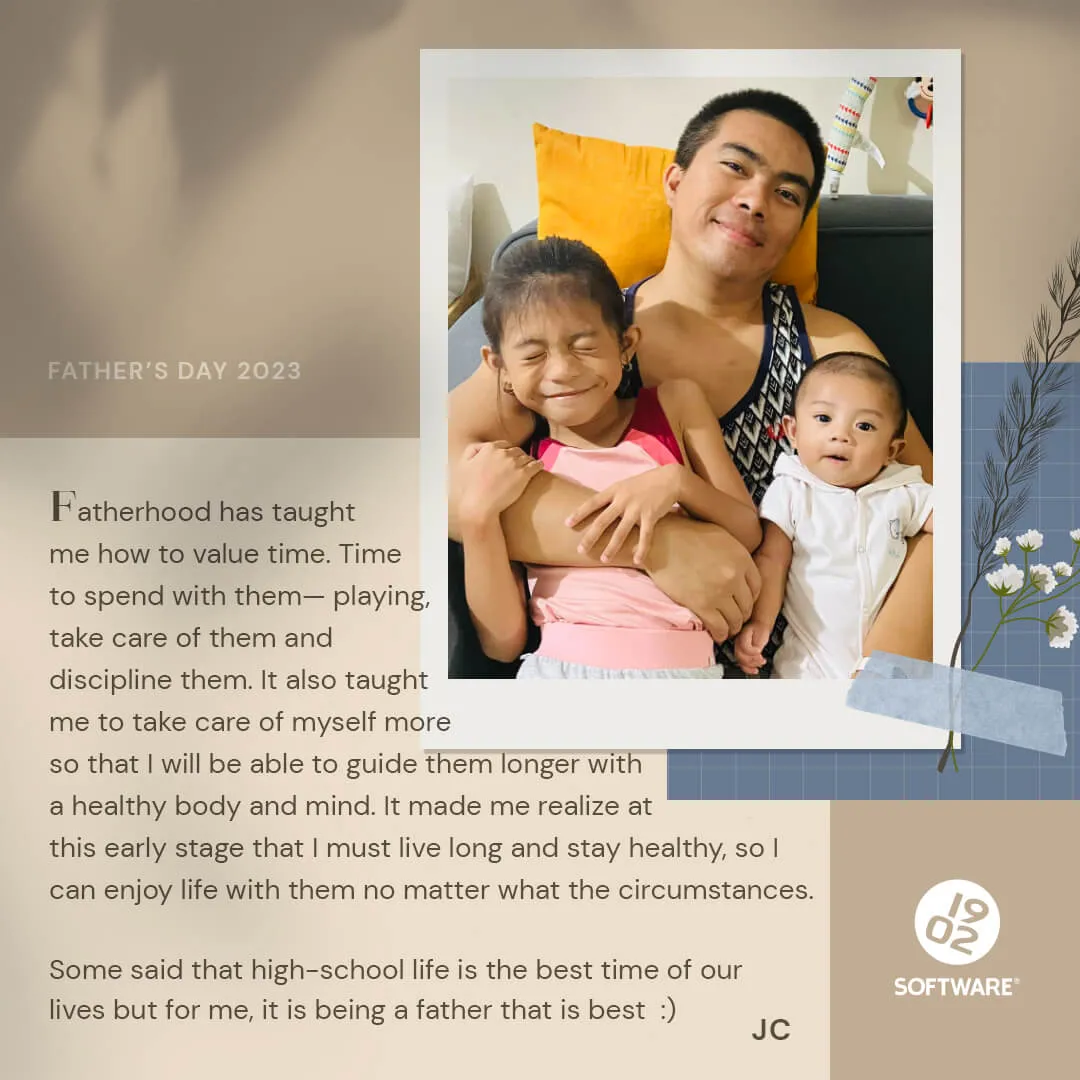 Father with two children sitting on a couch, text about fatherhood and valuing time, Father's Day 2023 message from JC.