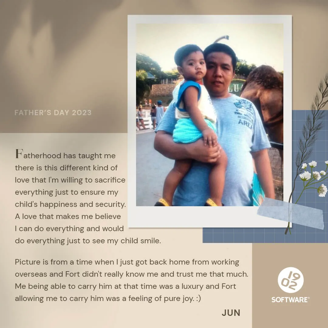 Father holding child in blue outfit outdoors, with text about fatherhood and a personal story for Father's Day 2023 from Jun