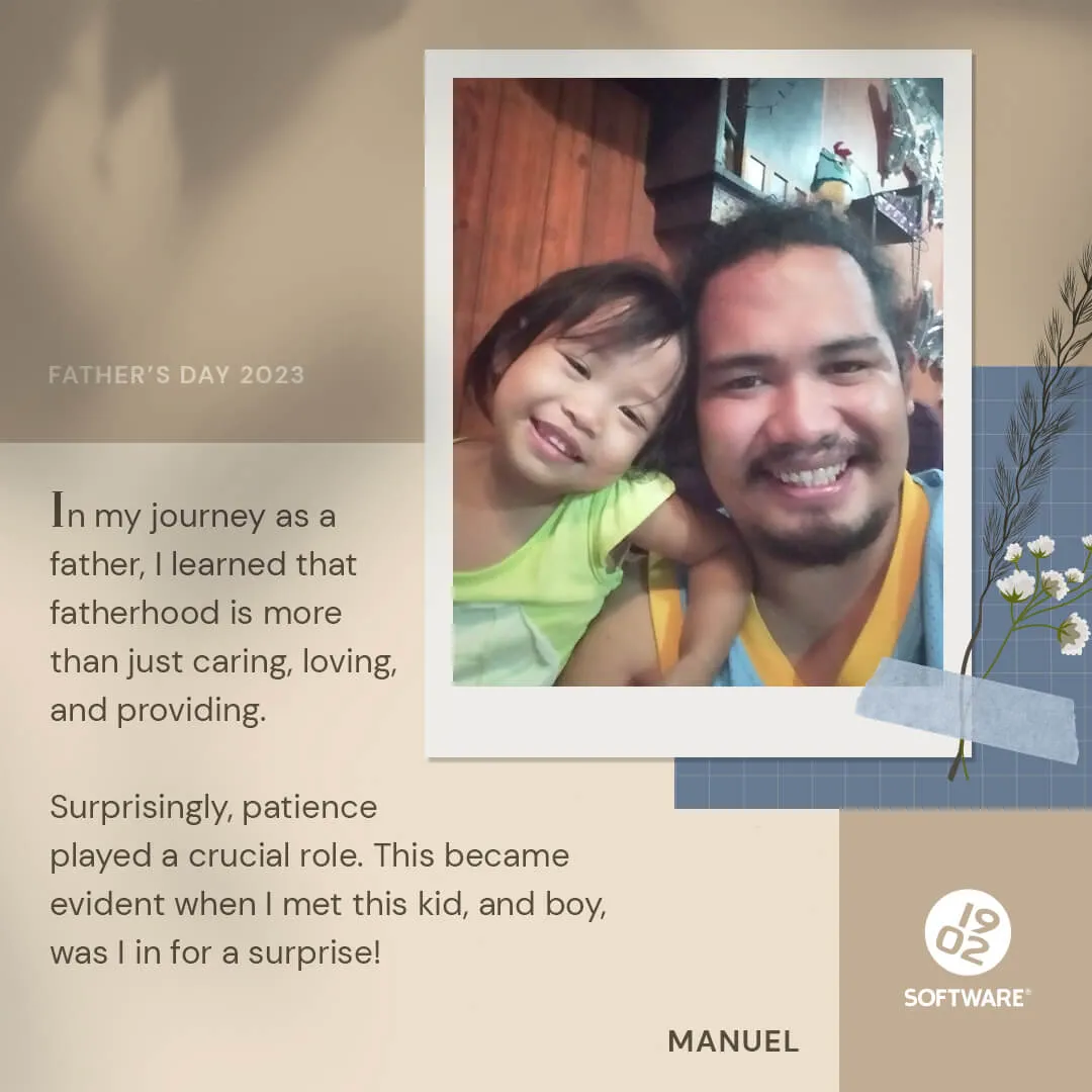Father's Day 2023 message from Manuel with a photo of him and a child, sharing a reflection on fatherhood and patience.