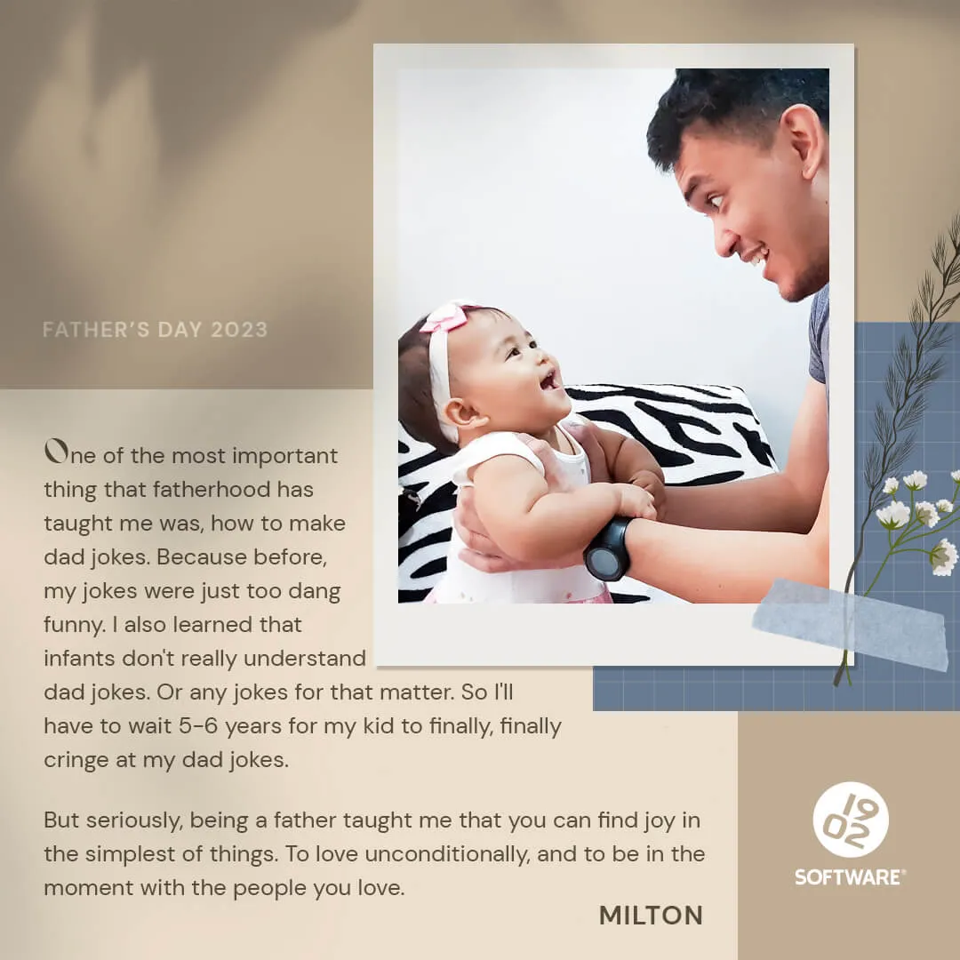 Father's Day 2023 message from Milton about fatherhood and dad jokes, with a photo of a father holding a baby.