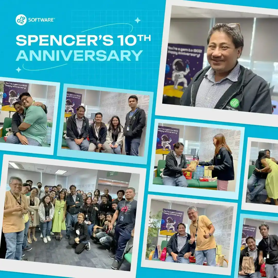 Spencer's 10th anniversary celebration collage with group photos, gift exchanges, hugs, and Spencer wearing a 1902 Software hoodie.