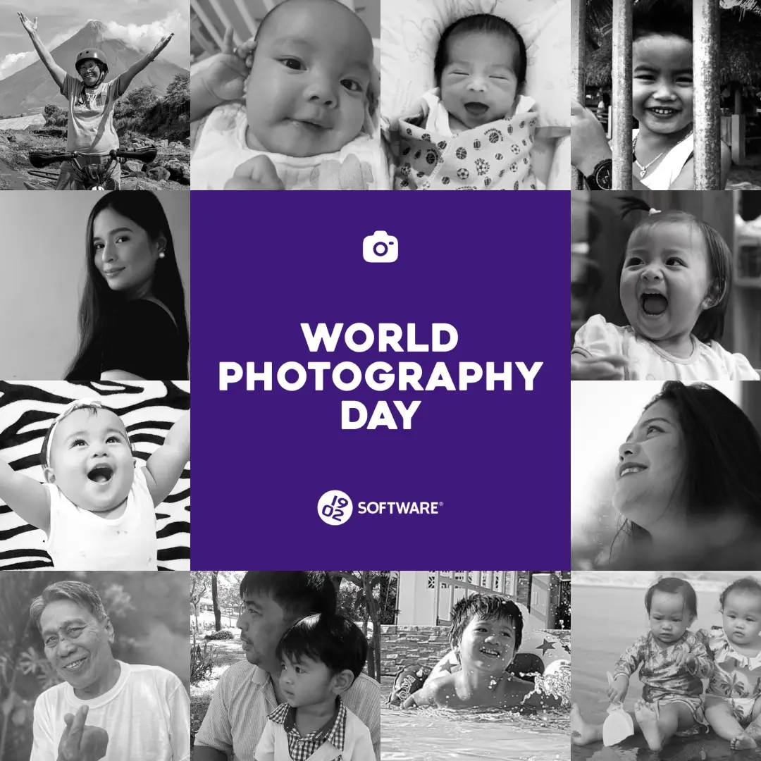 Collage of black-and-white photos of people around a purple square with a camera icon and text "World Photography Day" and "1902 Software" logo.