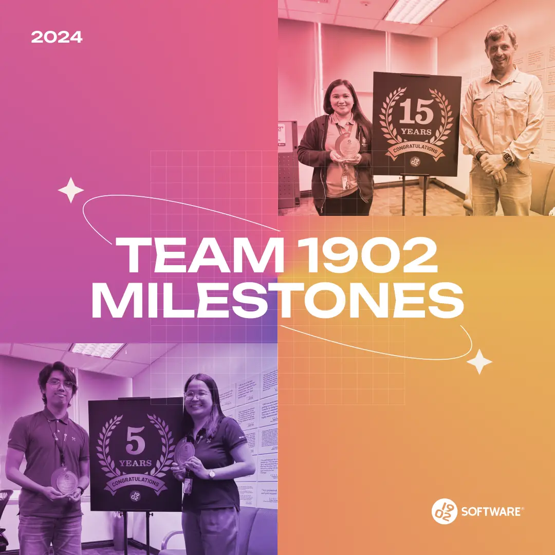 2024 Team 1902 Milestones graphic with photos of employees celebrating 5 and 15 years of service