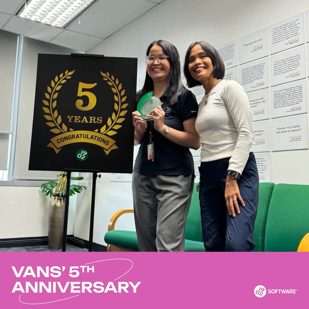 Two women standing next to a sign reading "5 Years Congratulations" celebrating Vans' 5th anniversary at 1902 Software office