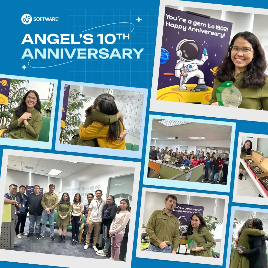 Angel's 10th anniversary celebration collage with group photos, hugs, cake, and an award featuring an astronaut and text "You're a gem to 1902!"
