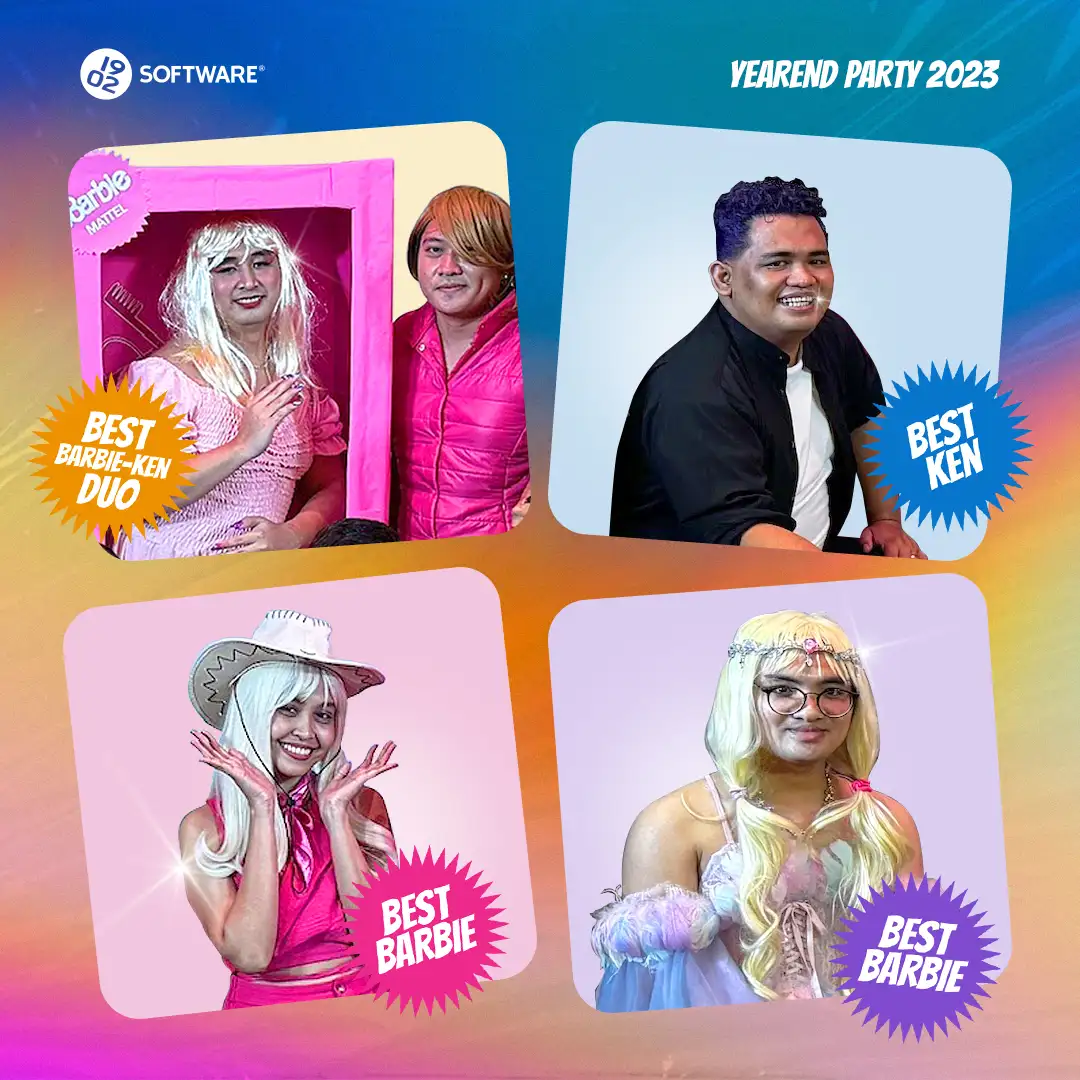 1902 Software Yearend Party 2023 winners: Best Barbie-Ken Duo with pink Barbie box, Best Ken in black shirt, and two Best Barbie winners in pink and pastel costumes.