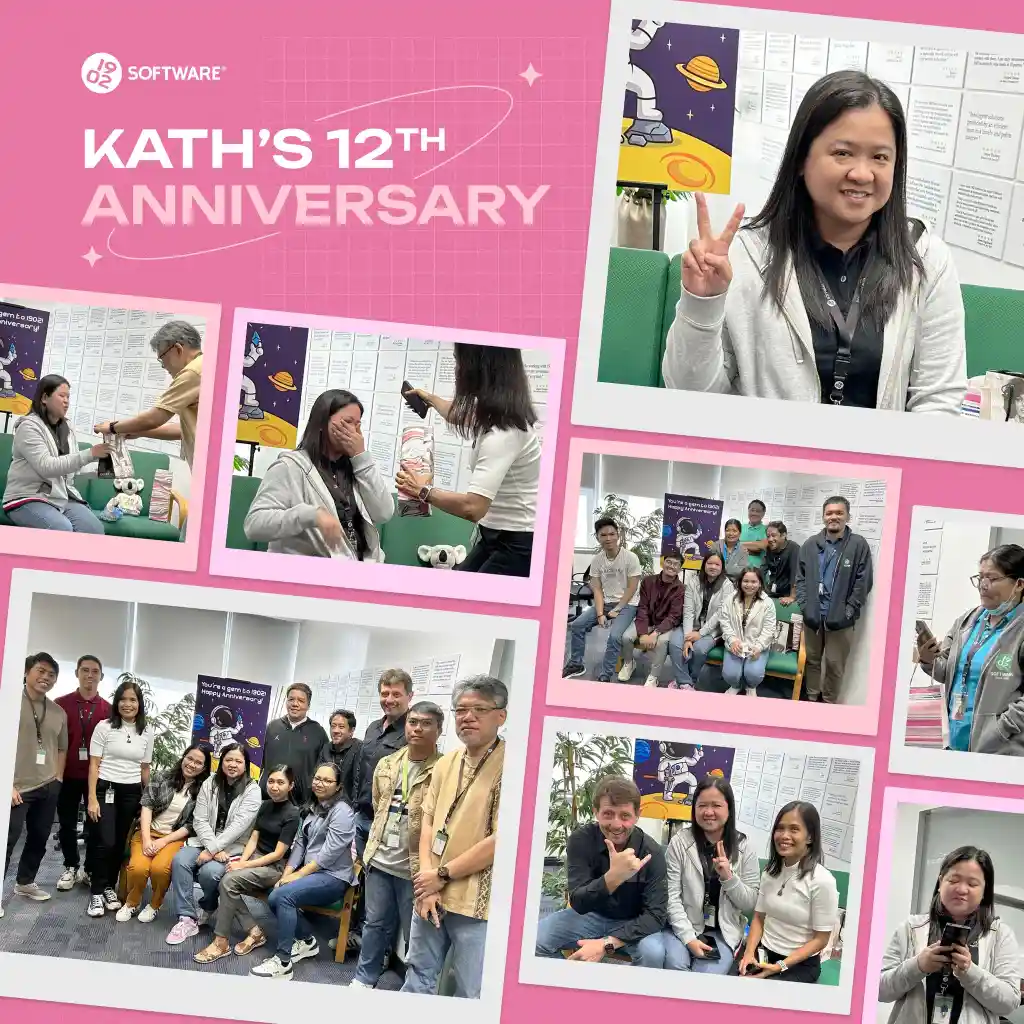 Kath's 12th anniversary celebration collage with group photos, gift-giving, and Kath making a peace sign in office setting.