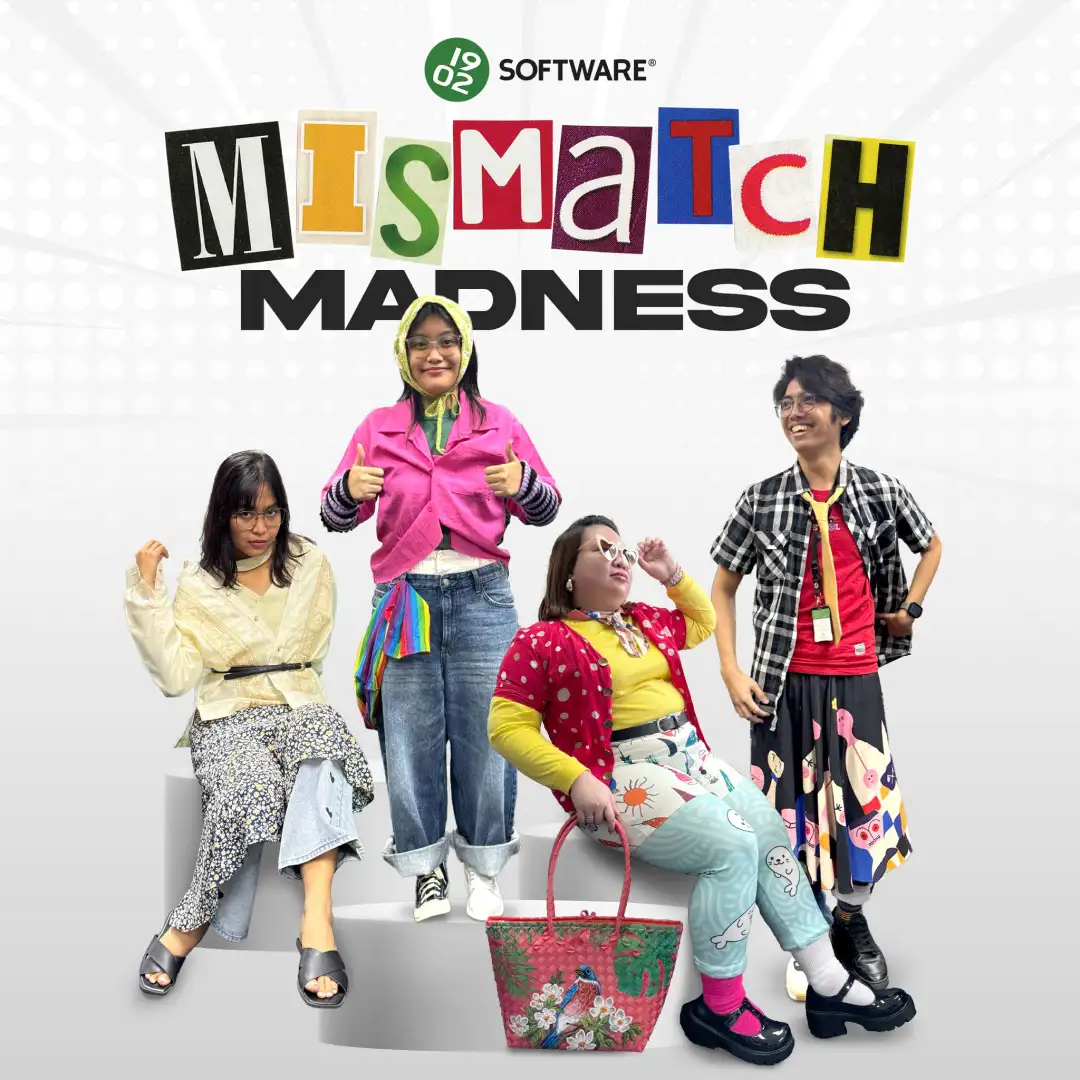 Four people wearing colorful mismatched outfits posing under "1902 Software Mismatch Madness" text on a white background