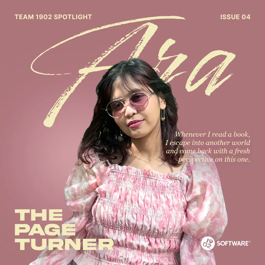 Ara in a pink smocked blouse on a mauve background with text "The Page Turner" and a quote about reading books