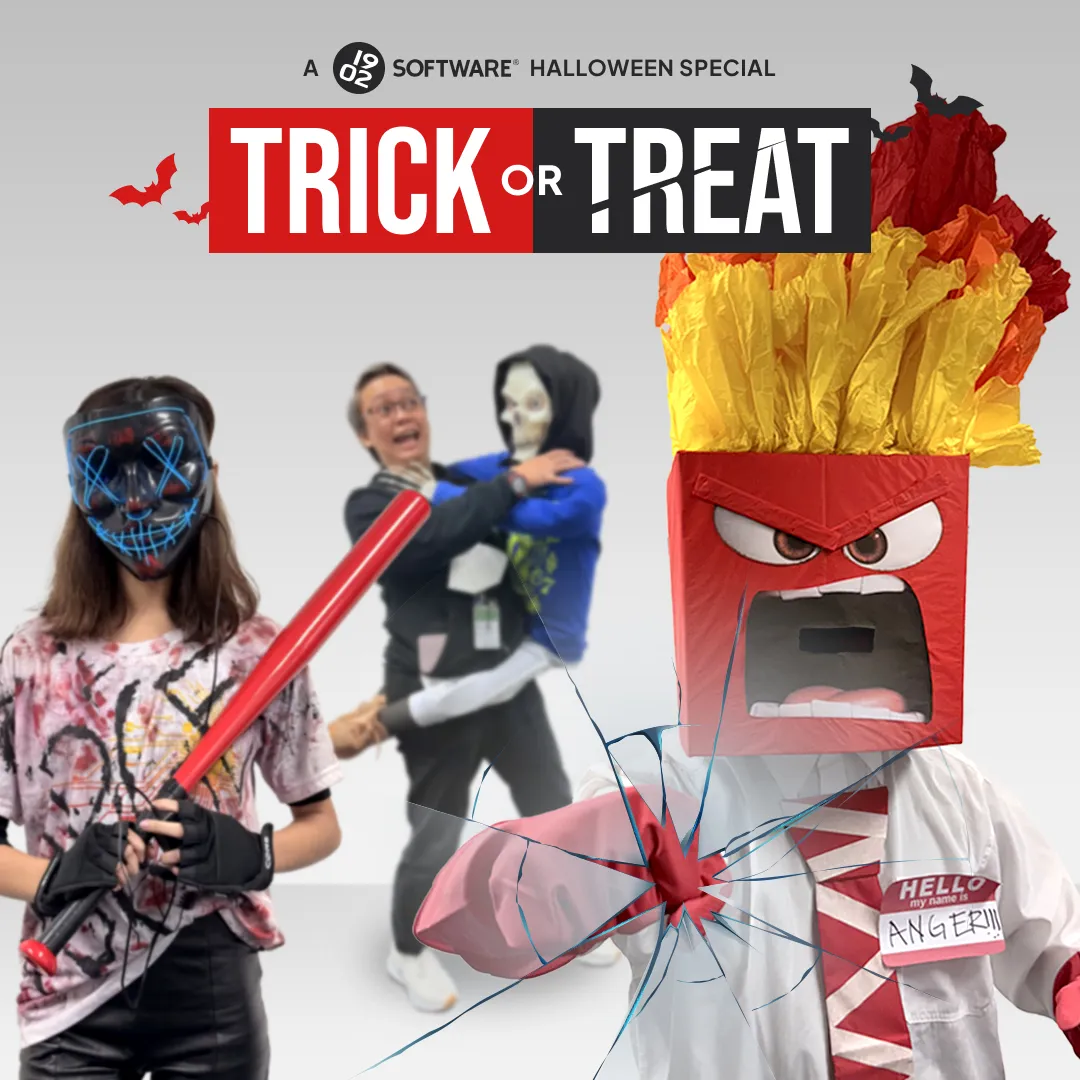 1902 Software Halloween special graphic with "Trick or Treat" text, person in Anger costume, and person holding a red bat.