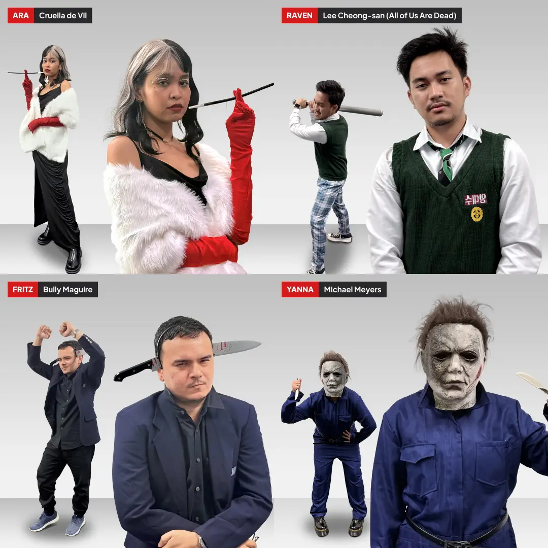 Four people in Halloween costumes: Cruella de Vil with red gloves and cigarette holder, Lee Cheong-san in school uniform holding a bat, Bully Maguire with a large knife, and Michael Meyers in blue jumpsuit holding a knife.