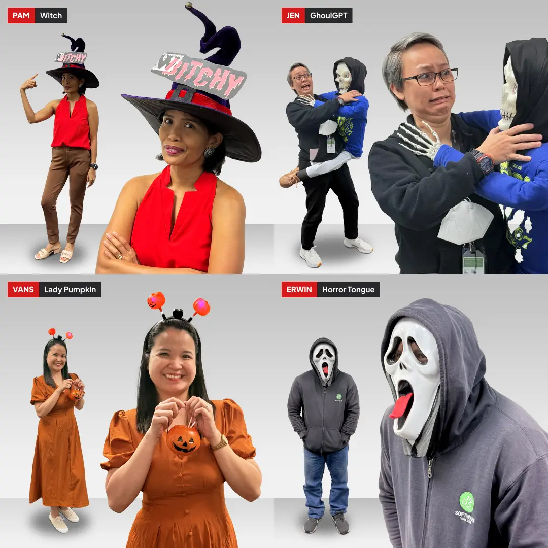 Four 1902 Software employees in Halloween costumes: Pam as a witch with a "Witchy" hat, Jen holding a child in a skeleton costume labeled "GhoulGPT," Vans in an orange dress with pumpkin headbands labeled "Lady Pumpkin," and Erwin in a hoodie with a skeleton mask labeled "Horror Tongue."