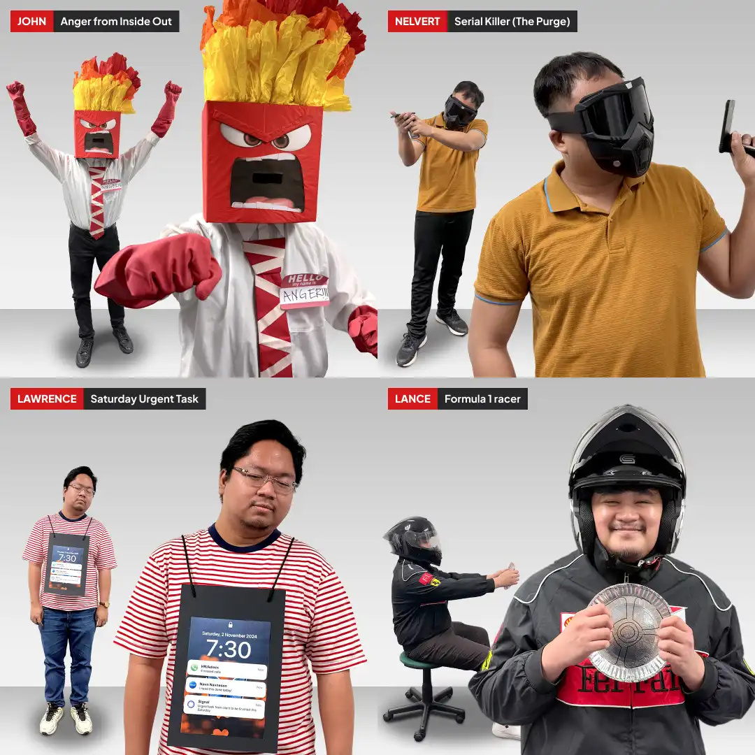 Four people in Halloween costumes: John as Anger from Inside Out with a red box head and flames, Nelvert as Serial Killer from The Purge holding a knife, Lawrence as Saturday Urgent Task with a phone screen on a striped shirt, and Lance as a Formula 1 racer holding a steering wheel.