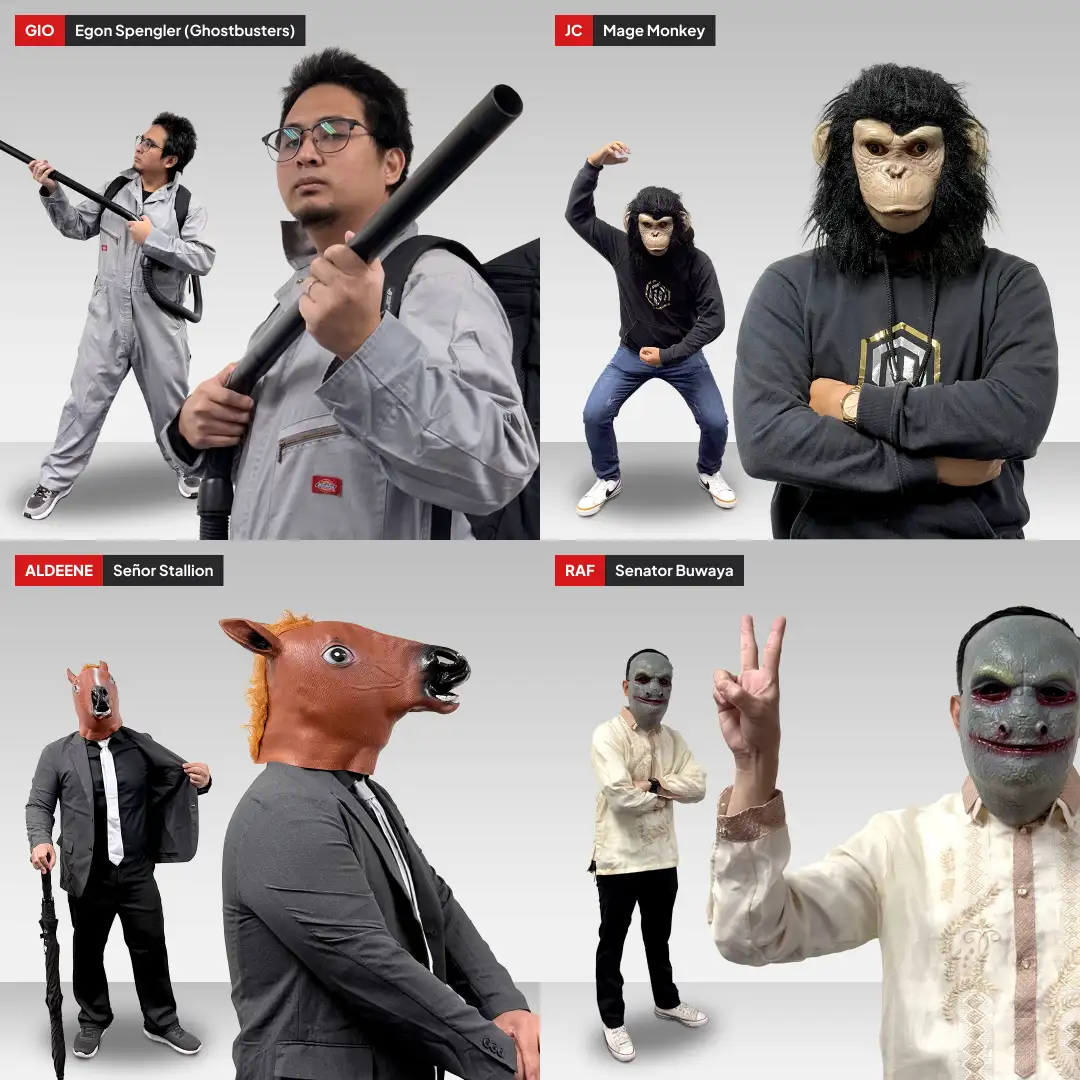 Four people in Halloween costumes: Gio as Egon Spengler (Ghostbusters) with proton pack, JC as Mage Monkey wearing a monkey mask, Aldeene as Senor Stallion in a horse mask and suit, and Raf as Senator Buwaya in traditional attire showing a peace sign.