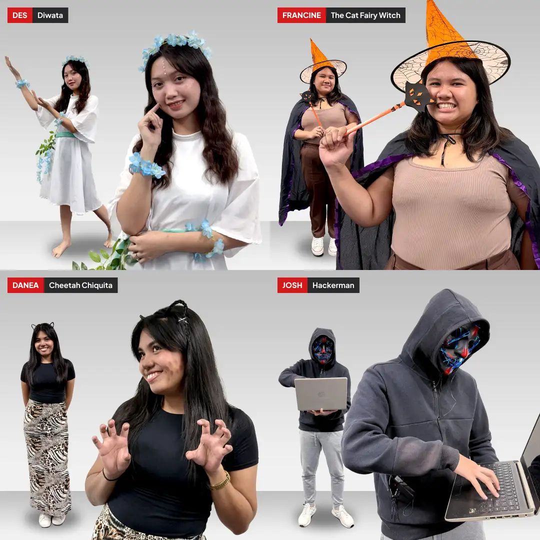 Four people in Halloween costumes: Diwata in white dress with blue flowers, Francine as Cat Fairy Witch with orange hat, Danea as Cheetah Chiquita with cat ears and animal print skirt, Josh as Hackerman in hoodie and LED mask with laptop.