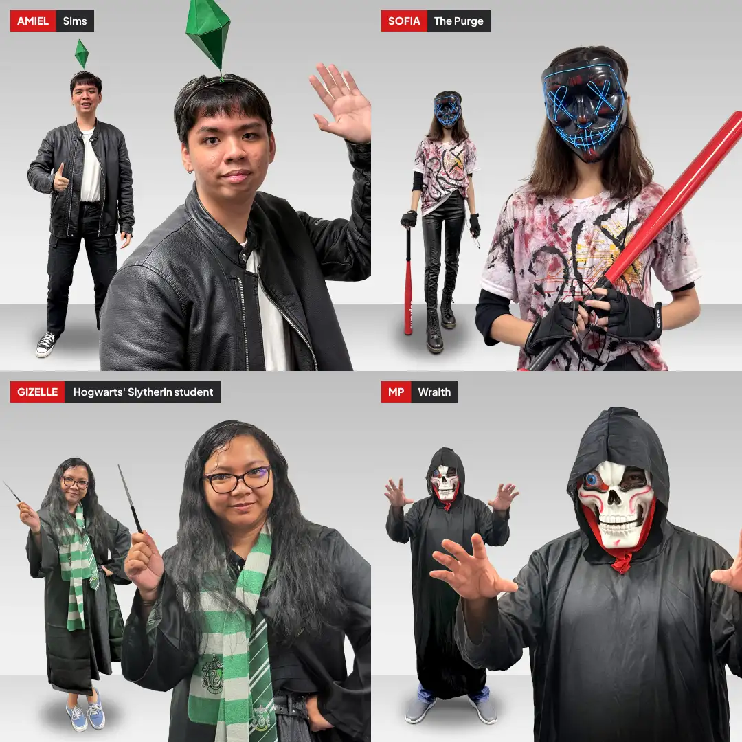 Four people in Halloween costumes: Amiel as Sims character with green plumbob, Sofia as The Purge holding red bat, Gizelle as Hogwarts Slytherin student with wand and scarf, MP as Wraith in black hooded robe with red bow tie.