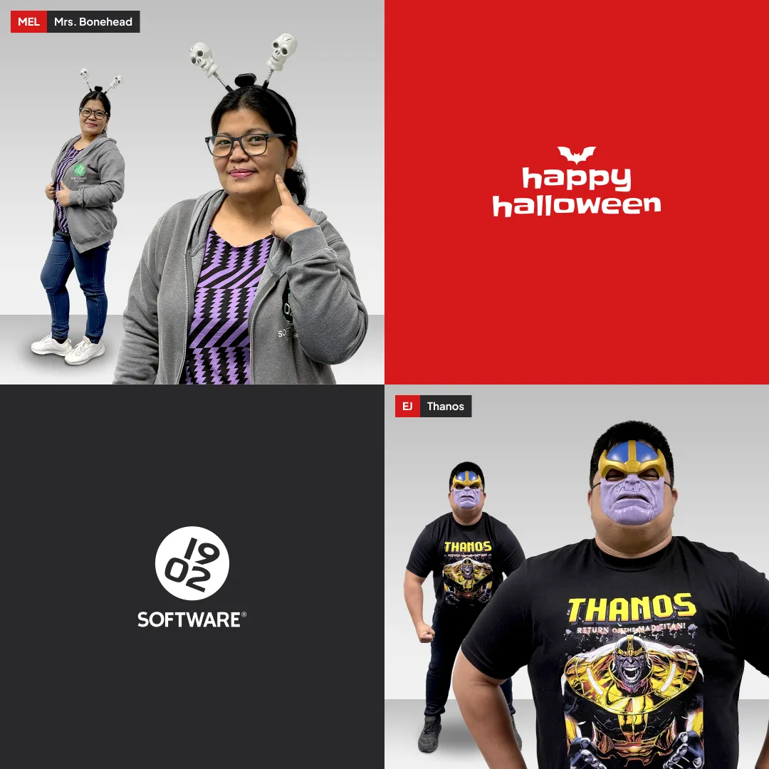 Mrs. Bonehead wearing skull headband and gray hoodie, Happy Halloween text with bat on red background, 1902 Software logo on black, Thanos in black Thanos graphic tee flexing arms