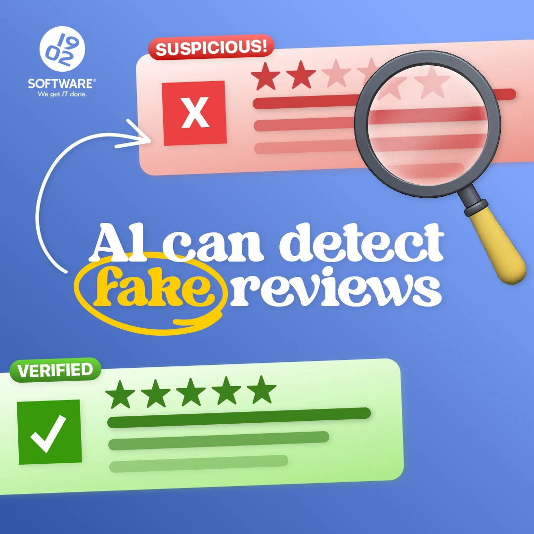 AI can detect fake reviews with suspicious red one-star review marked with an X and verified green five-star review marked with a check.