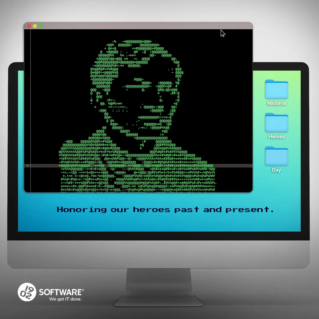 Computer screen showing ASCII art portrait in green text on black background with folders labeled National, Heroes, Day and text "Honoring our heroes past and present."