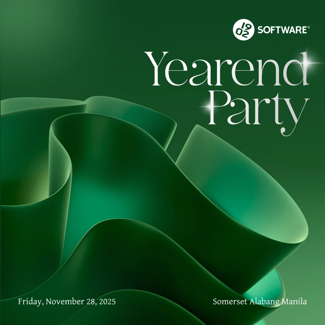 1902 Software Yearend Party announcement with abstract green ribbon design, date Friday, November 28, 2025, location Somerset Alabang Manila