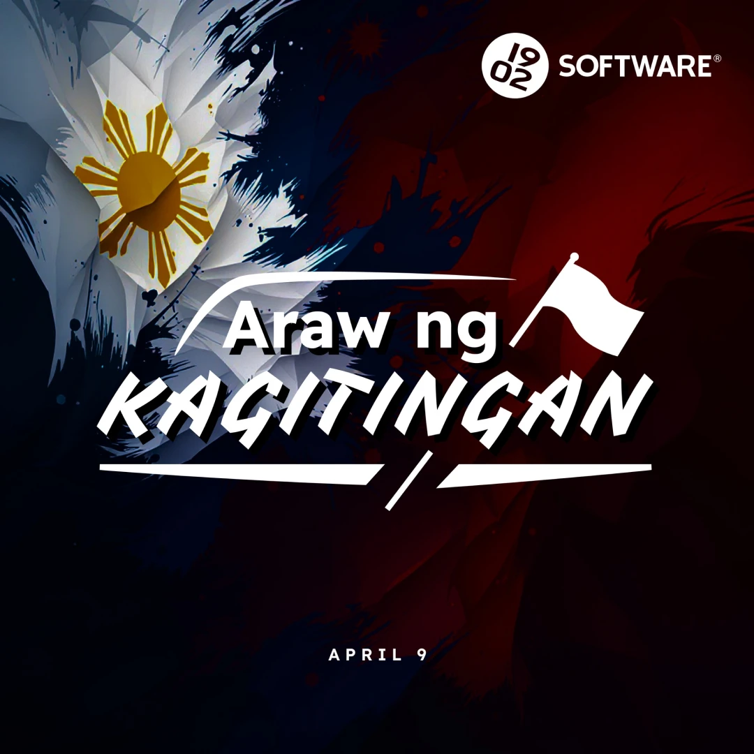 Araw ng Kagitingan text with a stylized Philippine flag sunburst and a white flag icon, 1902 Software logo, April 9 date