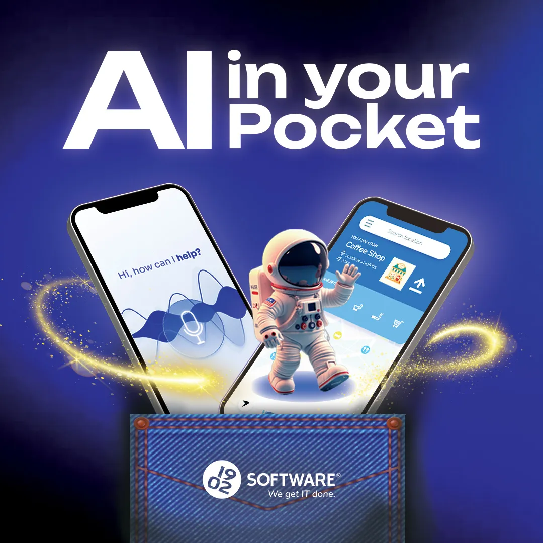 AI in your Pocket text above two smartphones showing a voice assistant and a coffee shop map with a small astronaut figure between them, emerging from a denim pocket with 1902 Software logo