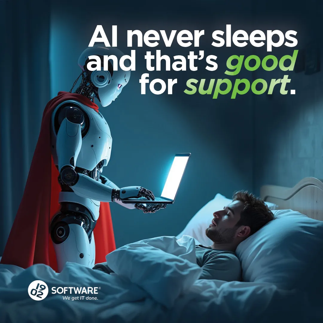 Robot with red cape holding laptop beside sleeping person with text "AI never sleeps and that's good for support"