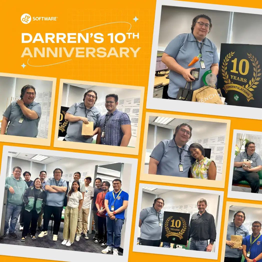 Darren's 10th anniversary celebration collage with Darren holding gifts, posing with colleagues, and a 10 years congratulations sign.